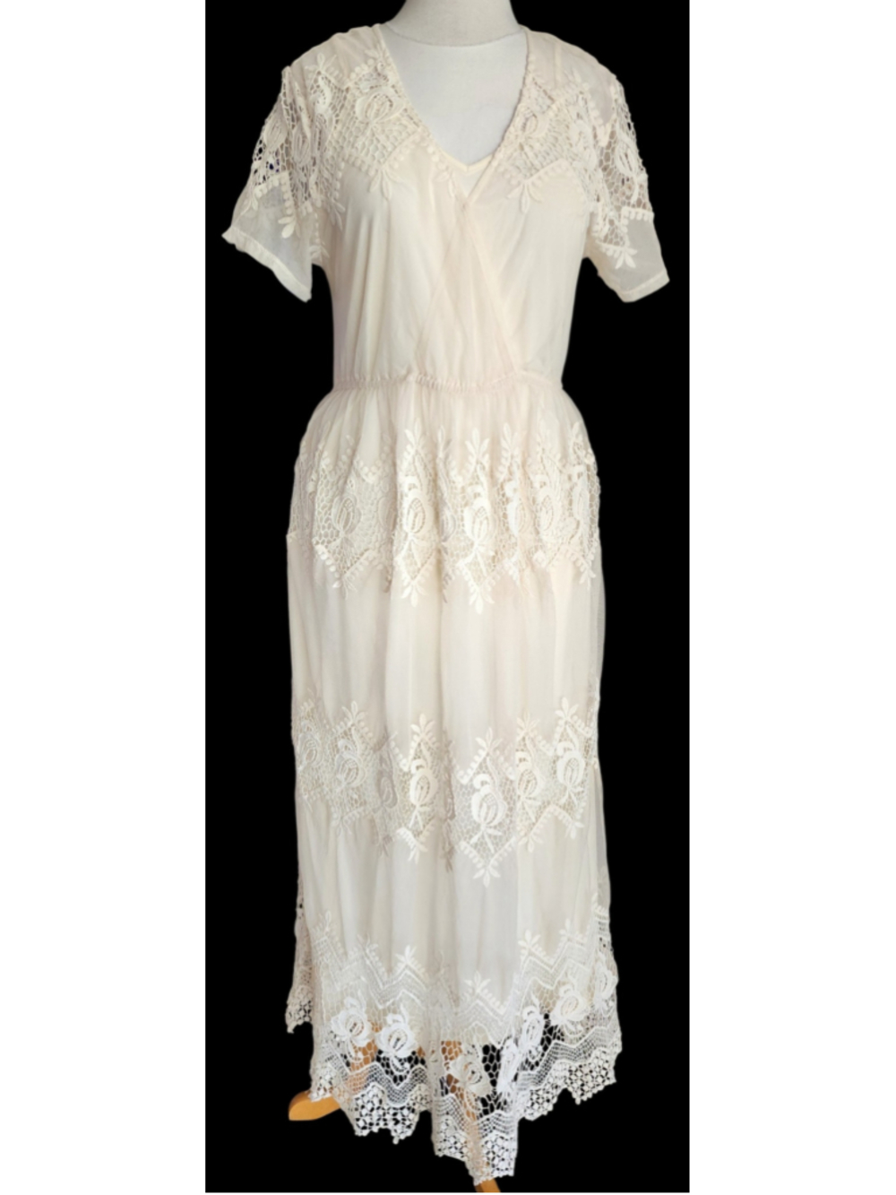 Colleen Lopez Womens L Ivory Crochet Lace Maxi Dress Layered Slip Bohemian Boho